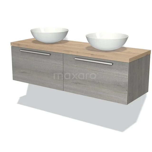 Modulo Plato Badmöbel mit Aufsatzwaschbecken | 140 cm Graue Eiche Flach front Hellbraune Eiche blatt 2 nebeneinanderliegende Schubladen BMK12-00897 Holz-Badmöbel mit grauen Schubladen, doppelten keramischen Aufsatzwaschbecken und chromatischen Haltegriffen. Modernes Design für jedes Badezimmer.