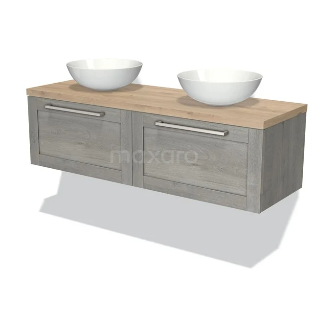 Grey wooden bathroom cabinet with double white countertop wash basins and drawer fronts, perfect for modern bathroom design.