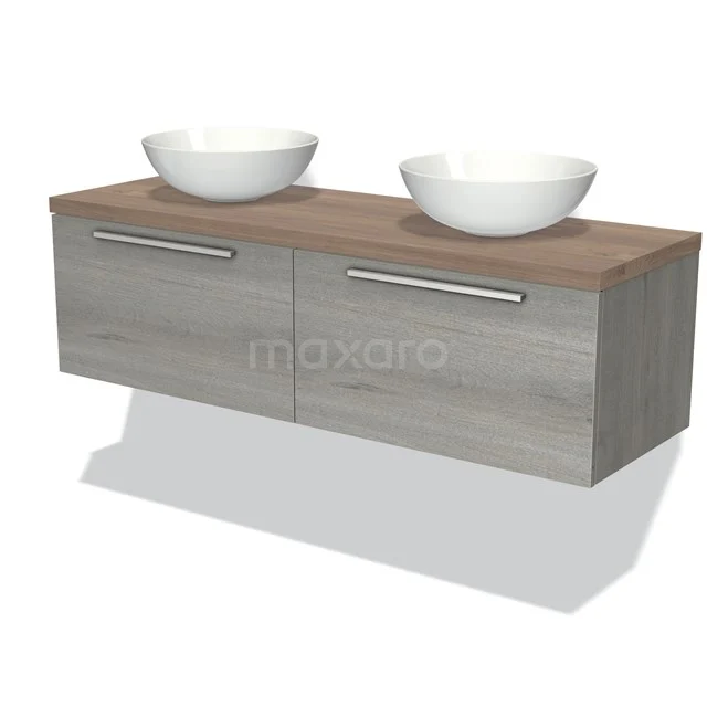 Waschtischunterschrank mit Konsole 140cm Modulo Plato Grau Eiche 2 Schubladen Flach Mittelbraune Eiche Platte BMK12-00899 Hölzernes Badezimmermöbel mit grauen Schubladen, zwei weißen Aufsatzwaschbecken und metallischen Haltegriffen, modernes und platzsparendes Design.