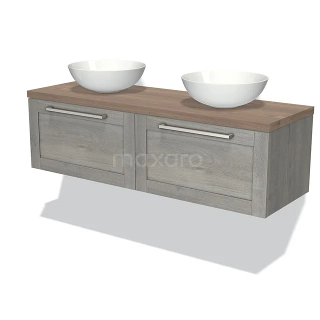 Modulo Plato Vanity units for countertop basin | 140 cm Grey oak Frame front Mid brown oak worktop 2 Side-by-side drawers BMK12-00900