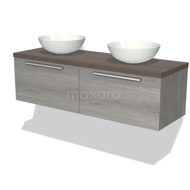 Holz Badezimmermöbel mit grauen Ladefronten, doppelten Aufsatzwaschbecken und metallischen Haltegriffen, modernes und schlichtes Design.