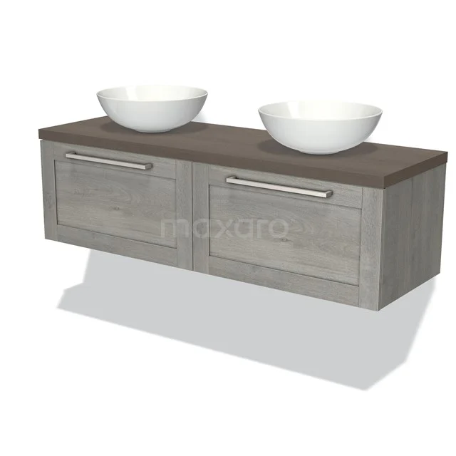 Graues Holz-Badmöbel mit zwei weißen Aufsatzwaschbecken, moderner hängender Designstil, ideal für ein stilvolles Badezimmer.