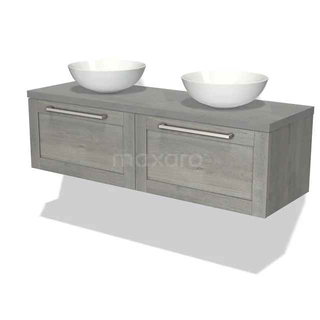 Grey wooden bathroom furniture set with two white ceramic countertop wash basins, modern wall model with metal handles.