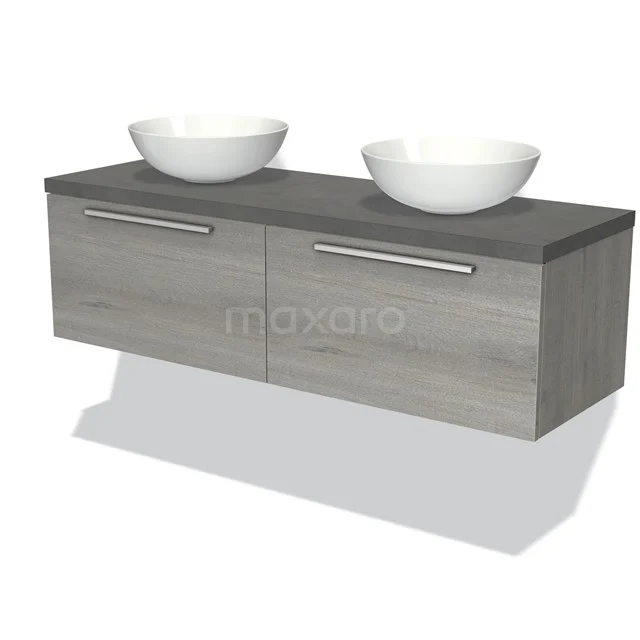 Modulo Plato Badmöbel mit Aufsatzwaschbecken | 140 cm Graue Eiche Flach front Dunkelgrauer Beton blatt 2 nebeneinanderliegende Schubladen BMK12-00905 Graues Holz-Badmöbel mit zwei weißen Keramik-Aufsatzwaschbecken, modernes Design und praktischer Stauraum.