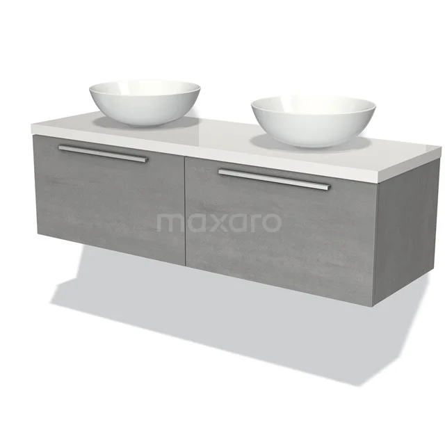 Badmöbel für Waschtischunterschrank mit Konsole 140cm Modulo Plato hellgrauer Beton 2 Schubladen Flach Hochglanz Weiß Platte BMK12-00909 Grau Holz Badezimmermöbel mit Doppelwaschbecken und modernen chromatischen Haltegriffen, perfekt für ein stilvolles Badezimmer.