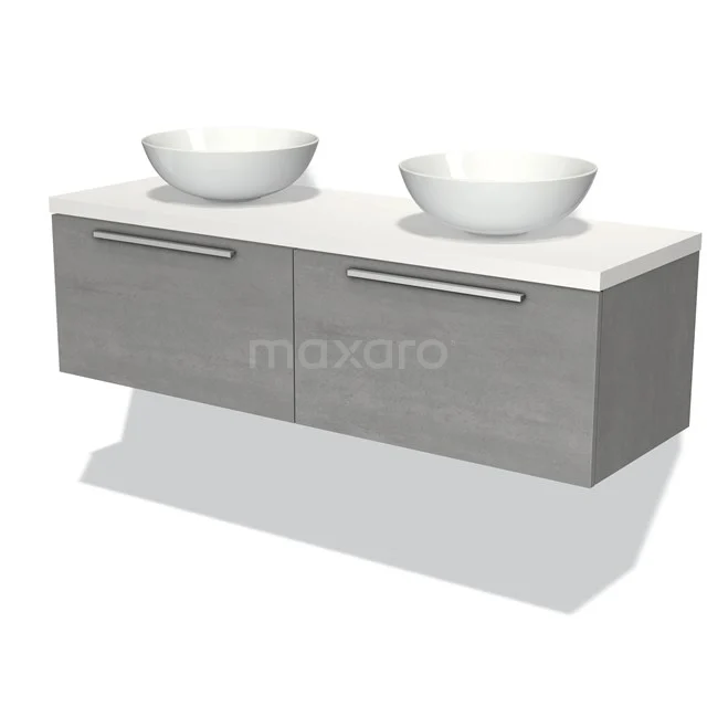 Grau hängendes Badezimmermöbel mit doppelten Aufsatzwaschbecken, modernem Design, Holzlook-Oberfläche und metallischen Haltegriffen.