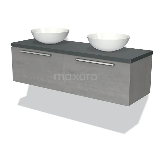 Grauer schwebender Badschrank mit zwei weißen Aufsatzwaschbecken, breiten chromfarbenen Haltegriffen und dunkler Platte, modernes und stilvolles Design.