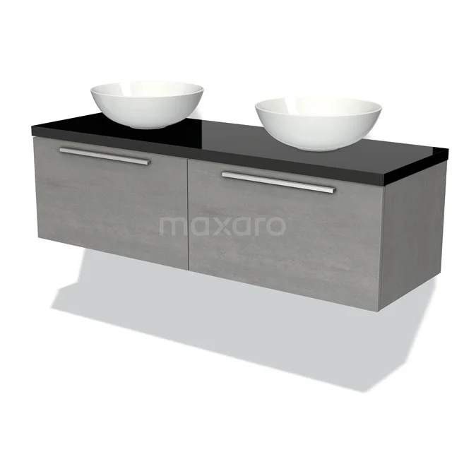 Badmöbel für Waschtischunterschrank mit Konsole 140cm Modulo Plato hellgrauer Beton 2 Schubladen Flach Hochglanz Schwarz Platte BMK12-00912 Graue Holzdoppelwaschbecken mit schwarzer Platte und weißen Aufsatzwaschbecken, ideal als modernes Badmöbel.