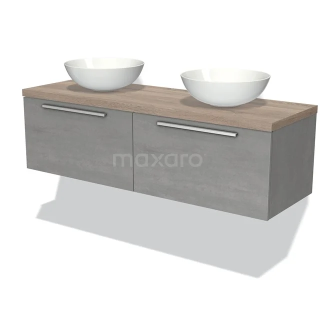 Graue hängende Badmöbelset mit Holzlook Platte und doppelten Aufsatzwaschbecken, modernes Design mit klaren chromfarbenen Haltegriffen.