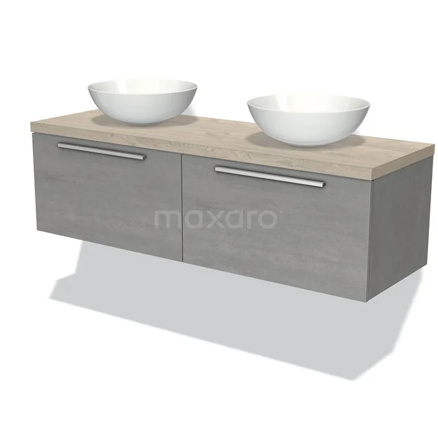 Graues Doppelwaschbeckenmöbel mit Holzplatte und zwei weißen Aufsatzwaschbecken, ideal für eine moderne Badezimmer Einrichtung.