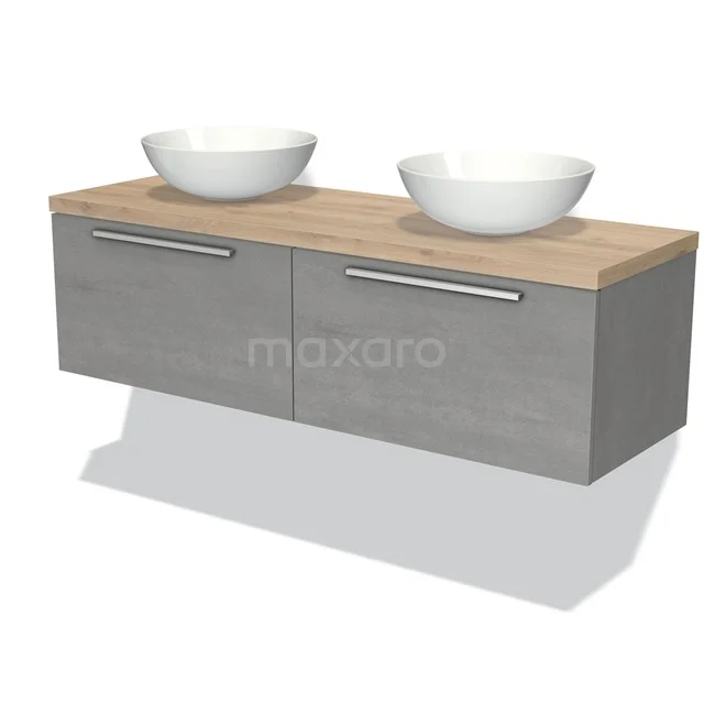 Graue Badmöbelset mit Holzplatte, doppelten Aufsatzwaschbecken und metallischen Haltegriffen, ideal für einen modernen Badezimmerstil.