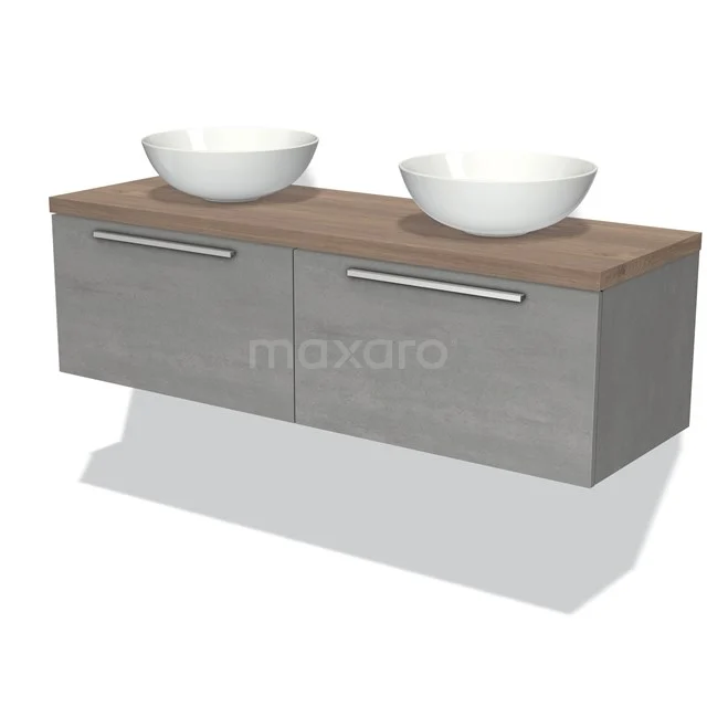 Graues hängendes Badmöbel mit Holzoptik Platte, zwei elegante weiße Aufsatzwaschbecken und modernen Metallgriffen.