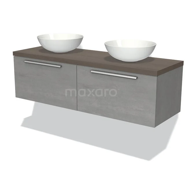 Badmöbel für Waschtischunterschrank mit Konsole 140cm Modulo Plato hellgrauer Beton 2 Schubladen Flach dunkelbraune Eiche Platte BMK12-00917 Graue Holz-Badmöbelset mit Doppelwaschbecken, modernem Stil und Soft-Close-Schubladen. Perfekt für jede Badezimmergestaltung.