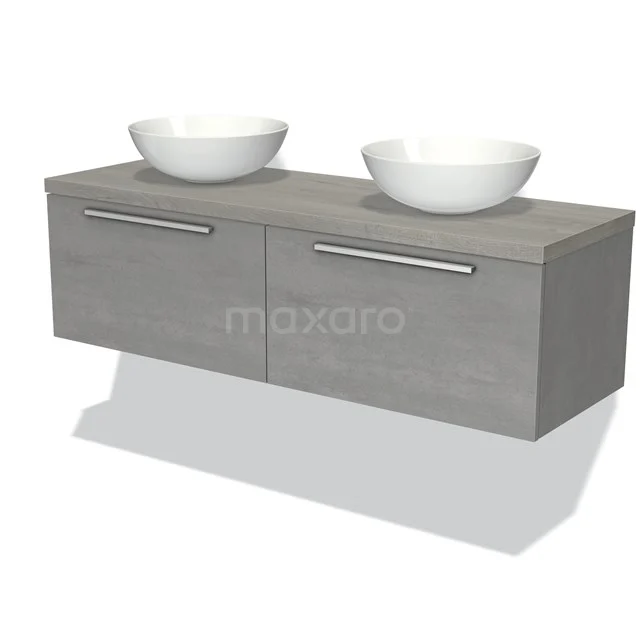 Badmöbel für Waschtischunterschrank mit Konsole 140cm Modulo Plato Hellgrauer Beton 2 Schubladen Flache graue Eiche Platte BMK12-00918 Grau hängendes Badmöbel mit doppelten Aufsatzwaschbecken, modernes Design und metallischen Griffen, ideal für stilvolle Bäder.