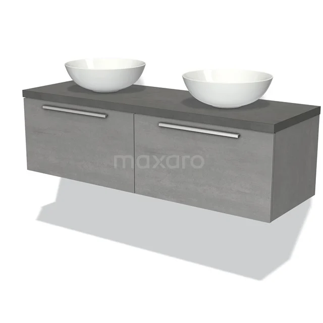 Graues hängendes Waschtischmöbel mit doppeltem Aufsatzwaschbecken, modernes Design, ideal für stilvolle Badezimmergestaltung.