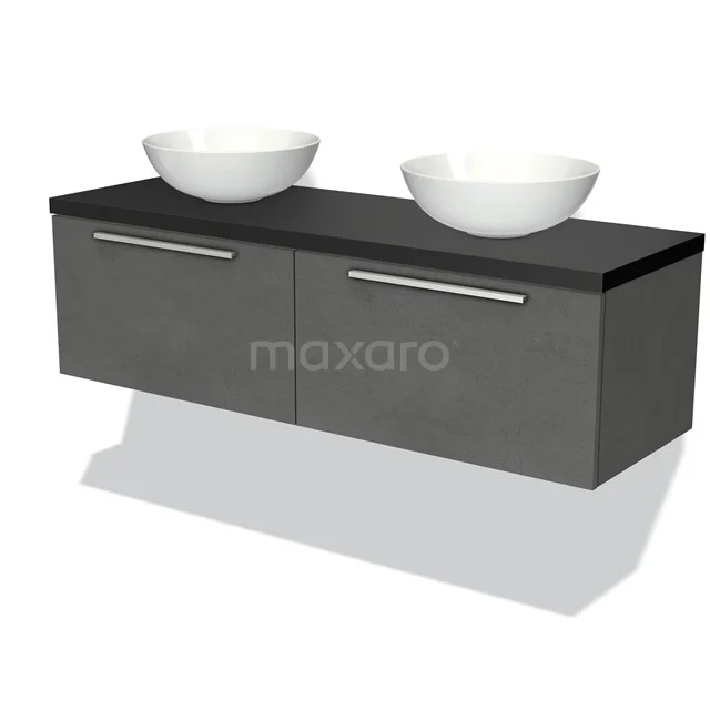 Graue Doppelwaschbeckenunterkonstruktion mit schwarzer Platte, zwei weißen schalenförmigen Waschbecken; elegantes Design ideal für moderne Bäder.