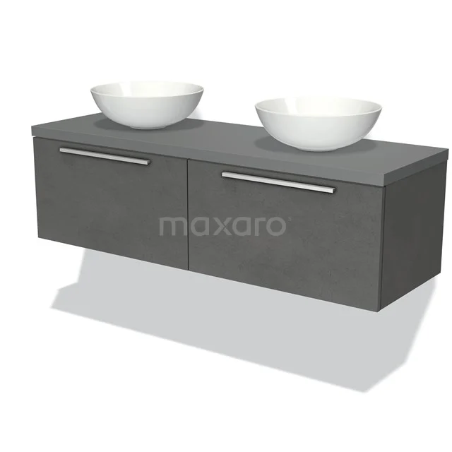 Badmöbel für Waschtischunterschrank mit Konsole 140cm Modulo Plato Dunkelgrauer Beton 2 Schubladen Flach Mittelgrau Platte BMK12-00921 Antrazit Badezimmermöbel mit doppeltem weißen Aufsatzwaschbecken, modern hängendes Design und metallischen Haltegriffen, perfekt für stilvolle Bäder.
