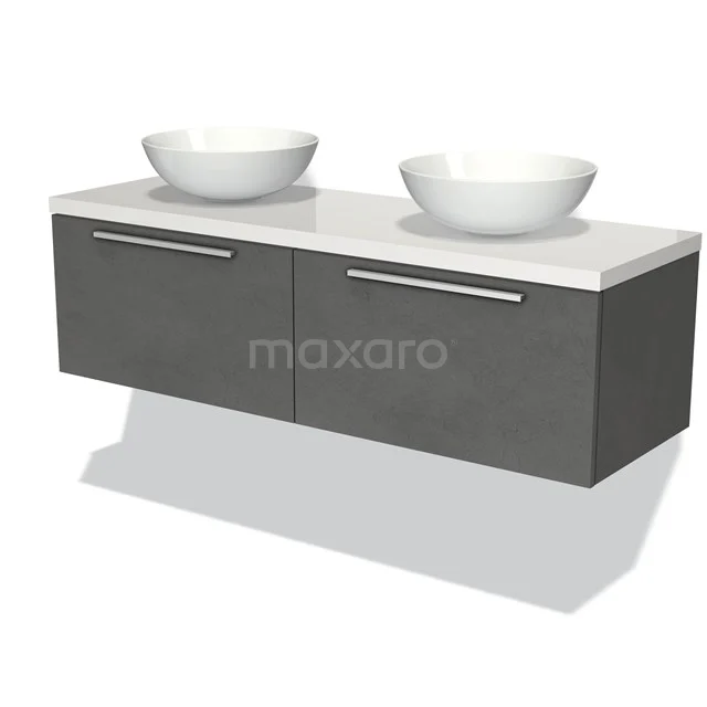 Badmöbel für Waschtischunterschrank mit Konsole 140cm Modulo Plato Dunkelgrau Beton 2 Schubladen Flach Hochglanz Weiß Platte BMK12-00922 Graue schwebende Badmöbelset mit doppelten weißen Waschbecken, modernes Design, ideal für stilvolle Bäder.