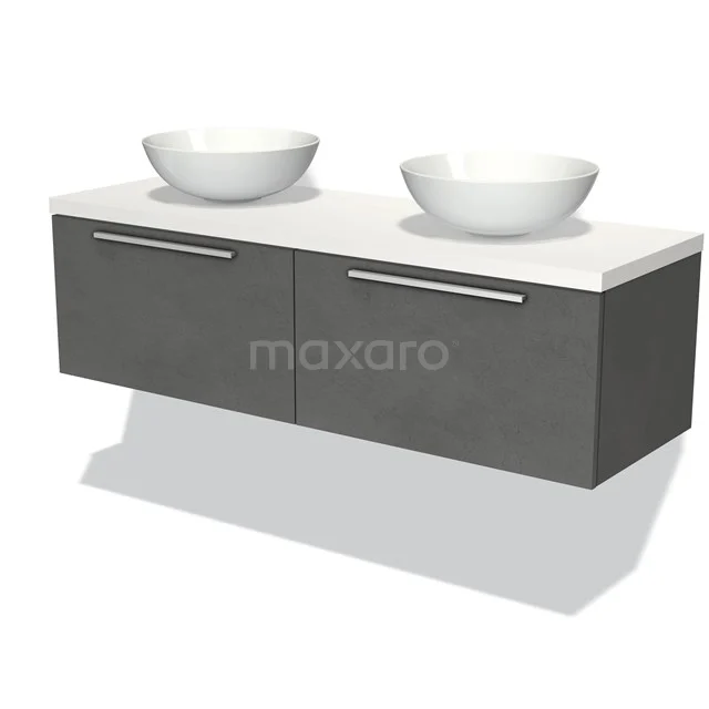 Graues hängendes Badezimmermöbel mit Doppelwaschbecken, modernes Design, ausgestattet mit zwei Schubladen und einer weißen Solid Surface-Oberfläche.