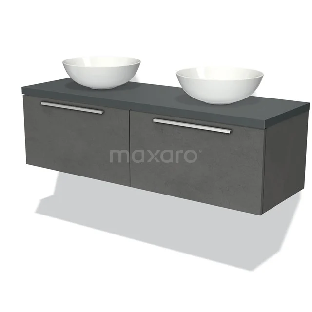 Badmöbel für Waschtischunterschrank mit Konsole 140cm Modulo Plato Dunkelgrau Beton 2 Schubladen Flach Dunkelgrau Platte BMK12-00924 Dunkelgraue schwebende Badmöbel mit Doppelwaschbecken, Keramikschalen und minimalistischem Design.