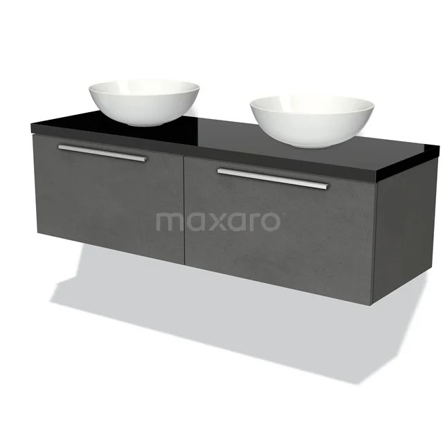Modulo Plato Badmöbel mit Aufsatzwaschbecken | 140 cm Dunkelgrauer Beton Flach front Hochglanz Schwarz blatt 2 nebeneinanderliegende Schubladen BMK12-00925 Graue schwebende Badmöbelset mit schwarzer Platte und zwei weißen Aufsatzwaschbecken, modernes Design mit klaren Linien.