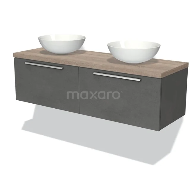 Badmöbel für Waschtischunterschrank mit Konsole 140cm Modulo Plato Dunkelgrau Beton 2 Schubladen Flache Platte aus Eiche BMK12-00926 Doppelwaschbecken, Holz-Optik Platte mit Grau hängendem Schrankdesign, ideal für moderne Bäder.