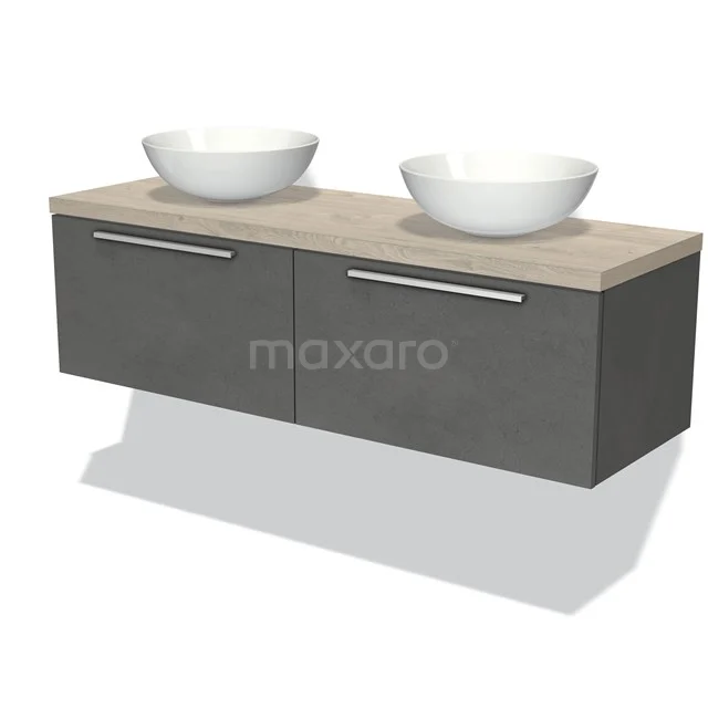 Badmöbel für Waschtischunterschrank mit Konsole 140cm Modulo Plato Dunkelgrauer Beton 2 Schubladen Flach hellgraue Eiche Platte BMK12-00927 Graue Badmöbelset mit zwei Aufsatzwaschbecken, Holzlook Platte und metallischen Haltegriffen. Modernes Wandmodell für luxuriöse Bäder.