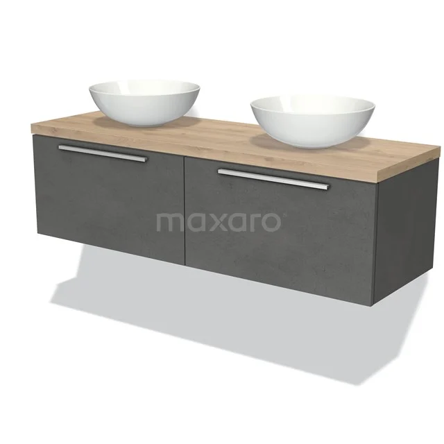 Moderne graue Badmöbel mit Holz-Optik Platte, doppelten Aufsatzwaschbecken und klaren metallischen Haltegriffen.