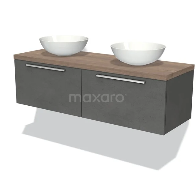 Badmöbel für Waschtischunterschrank mit Konsole 140cm Modulo Plato Dunkelgrau Beton 2 Schubladen Flach Mittelbraune Eiche Platte BMK12-00929 Graue hängende Badmöbelset mit Holzlook Platte, zwei Waschbecken und minimalistischen Haltegriffen.