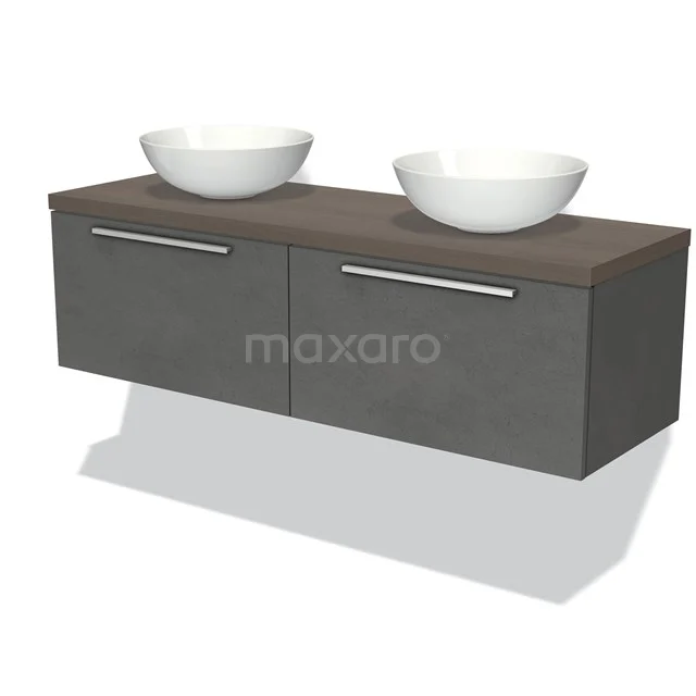 Grauer hängender Badschrank mit zwei Waschbecken, Holzplatte und modernem Aussehen, perfekt für ein stilvolles Badezimmer.