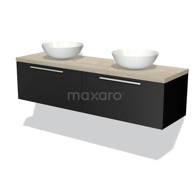 Modulo Plato Badmöbel mit Aufsatzwaschbecken | 160 cm Matt Schwarz Flach front Hellgraue Eiche blatt 2 nebeneinanderliegende Schubladen BMK12-00936 Schwarzes schwebendes Badezimmermöbelset mit Holzlook Platte und doppeltem weißen Aufsatzwaschbecken, modernes Design mit sauber verarbeiteten Schubladen-Griffen.