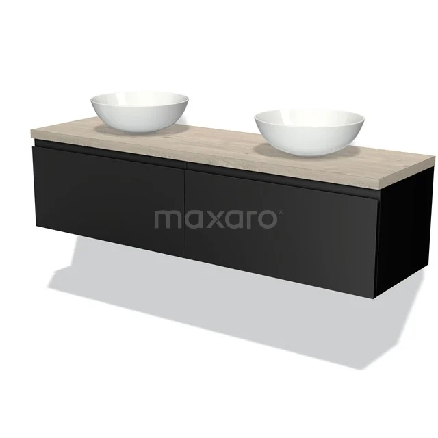 Schwarze Badmöbel mit Eichen Platte, doppelte weiße keramische Aufsatzwaschbecken; modernes Design für stilvolle Bäder.