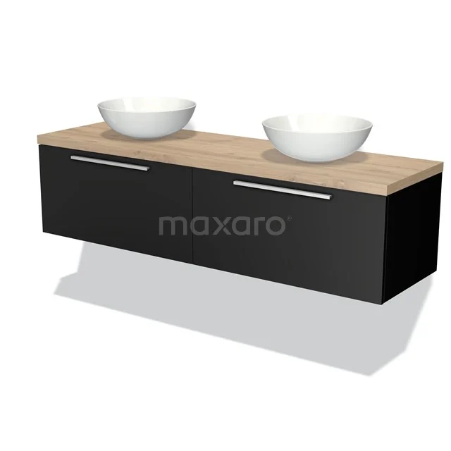 Schwarzes Holz-Badmöbel mit doppeltem weißen Aufsatzwaschbecken, modernes Design, ideal als wandhängendes Badmöbel.