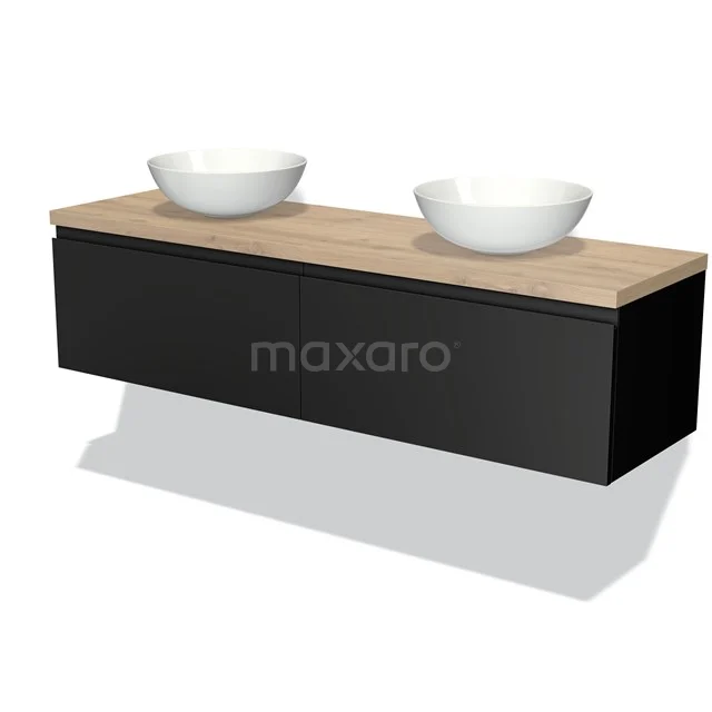 Modulo Plato Badmöbel mit Aufsatzwaschbecken | 160 cm Matt Schwarz Grifflos front Hellbraune Eiche blatt 2 nebeneinanderliegende Schubladen BMK12-00941 Schwarze schwebende Badmöbel mit Holzplatte und doppelten weißen Aufsatzwaschbecken, modernes Design.