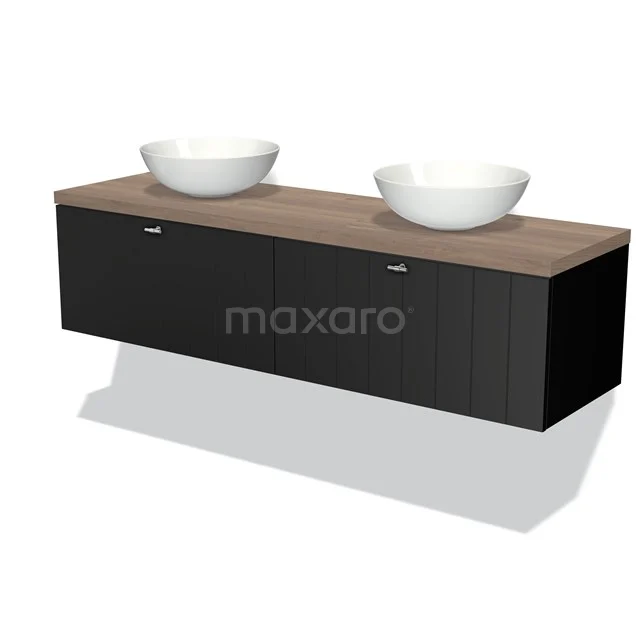 Floating black bathroom unit with wooden worktop and two white vanity units for countertop wash basins, modern design for stylish bathrooms.