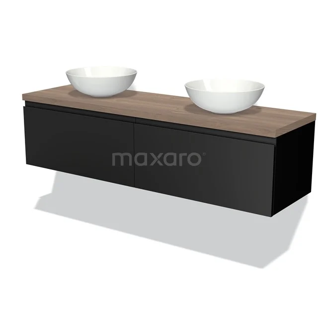 Schwarze Badmöbel mit Holzlook Platte, doppelte weiße Aufsatzwaschbecken und minimalistisches Design. Perfekt für moderne Bäder.