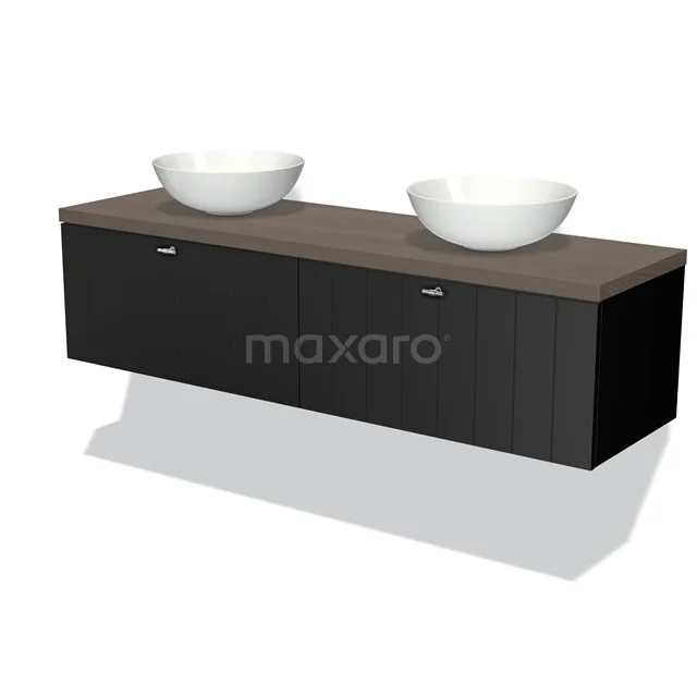 Modulo Plato Vanity units for countertop basin | 160 cm Matte black Slat front Dark brown oak worktop 2 Side-by-side drawers BMK12-00946 Black floating bathroom unit with two white basins, wood-look worktop and sleek finish for modern bathroom style.