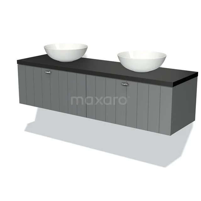 Graues Holz-Badmöbel mit schwarzer Waschtischplatte und zwei weißen Aufsatzwaschbecken, modernes Design für ein stilvolles Badezimmer.