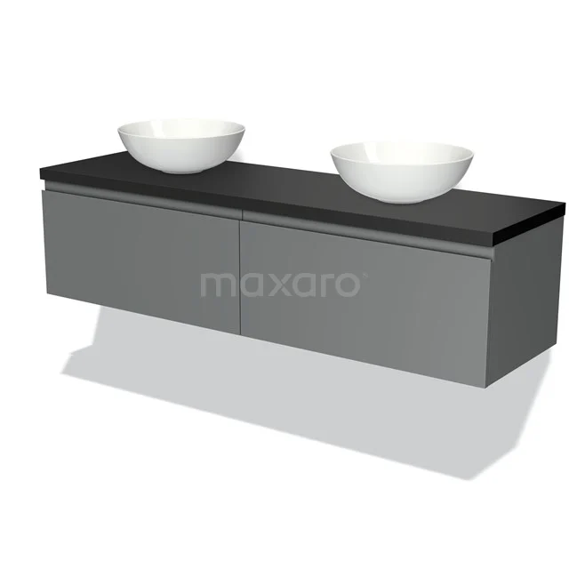 Modulo Plato Badmöbel mit Aufsatzwaschbecken | 160 cm Mittelgrau Grifflos front Matt Schwarz blatt 2 nebeneinanderliegende Schubladen BMK12-00950 Graue schwebende Badmöbelset mit Holzoberfläche, schwarzer Platte und doppelten weißen Aufsatzwaschbecken für moderne Bäder.