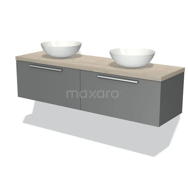 Grauer hängender Badschrank mit zwei weißen Aufsatzwaschbecken und einer Holzoptik Platte, modernes Design für ein stilvolles Badezimmer.