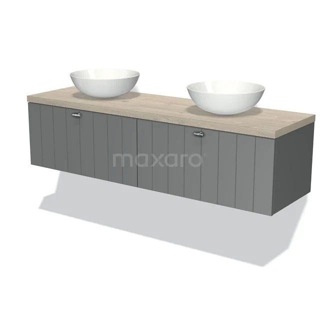 Grau-weiße Holz Badmöbel mit zwei runden Aufsatzwaschbecken, modernes Design, geeignet für eine stilvolle Badezimmer Einrichtung.