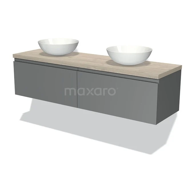 Graue Badmöbelset mit 2 weißen Aufsatzwaschbecken und Holzplatte, modernes schwebendes Design für stilvolle Badezimmergestaltung.
