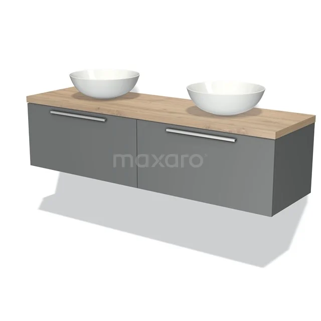 Graue schwebende Badmöbelset mit Holzlook Platte und weißem Doppelwaschbecken, modernes Design.