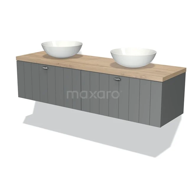 Badmöbel für Aufsatzwaschbecken 160cm Modulo Plato Mittelgrau 2 Schubladen Lamelle Hellbraune Eiche Platte BMK12-00958 Graues Badezimmermöbel mit Holzoptik Platte und doppeltem weißen Aufsatzwaschbecken, elegantes Design für moderne Bäder.