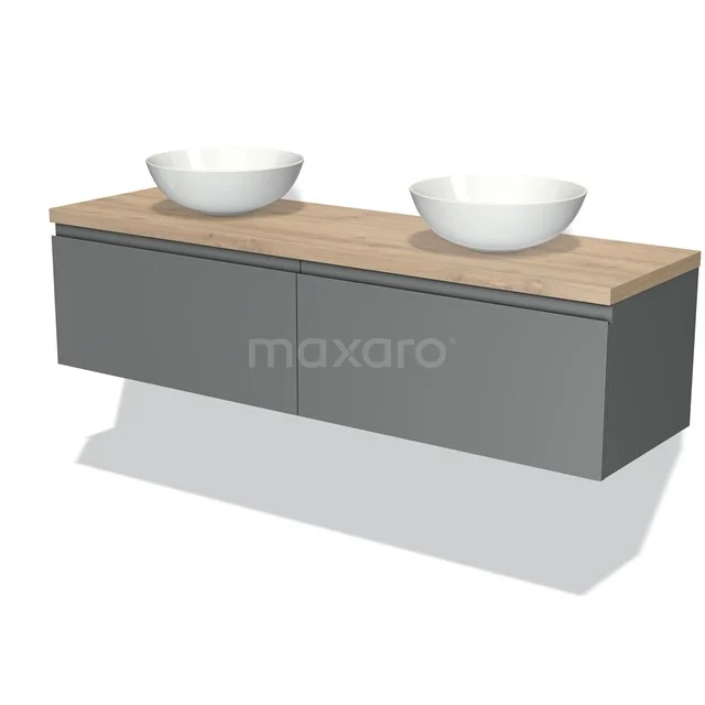 Graue schwebende Badmöbelset mit Holzplatte und zwei weißen schalenförmigen Waschbecken, modernes Design.