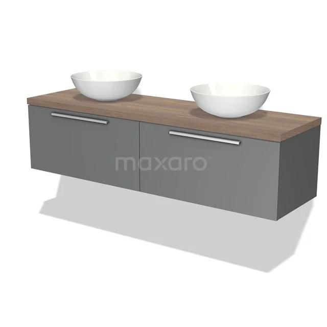 Graue Badmöbelset mit zwei weißen Aufsatzwaschbecken, Holz-Optik Platte, schlicht modernes Design, ideal für ein stilvolles Badezimmer.