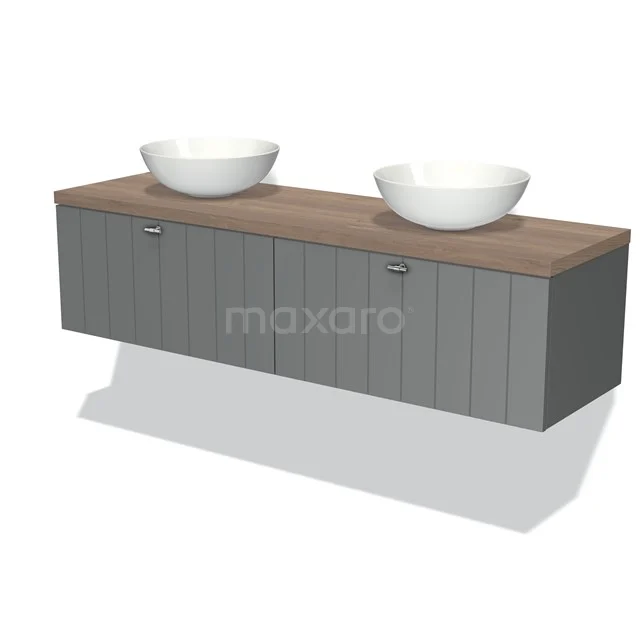Grau hängendes Badezimmermöbel mit Holzlook Platte und doppelten weißen Waschbecken, modernes Design für stilvolle Bäder.