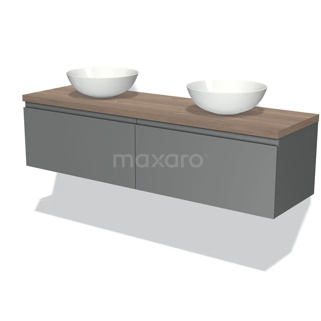 Waschtischunterschrank mit Konsole 160cm Modulo Plato Mittelgrau 2 Schubladen Grifflos mittelbraune Eiche Platte BMK12-00962 Graue Badmöbel mit Holzlook Platte, zwei weiße Aufsatzwaschbecken, modernes Design und schwebende Montage für eine luxuriöse Ausstrahlung.