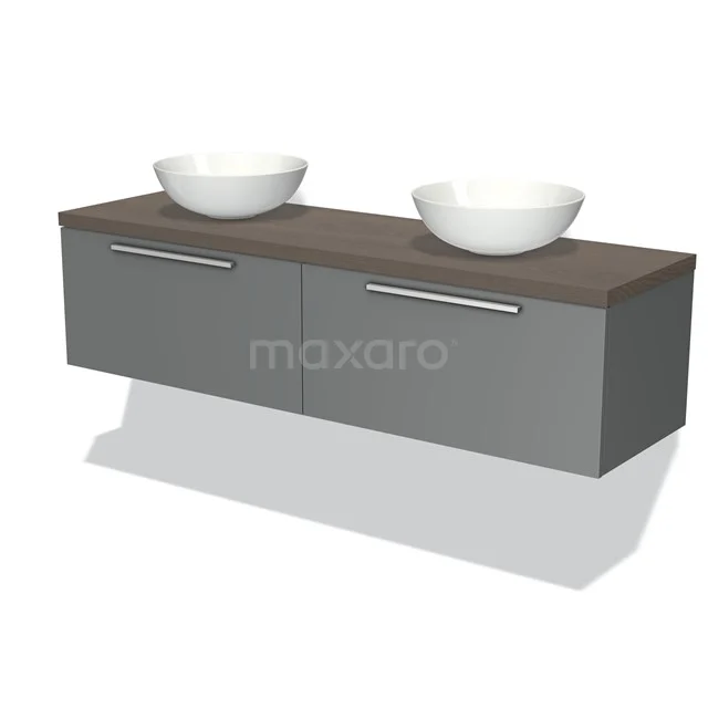 Modulo Plato Badmöbel mit Aufsatzwaschbecken | 160 cm Mittelgrau Flach front Dunkelbraune Eiche blatt 2 nebeneinanderliegende Schubladen BMK12-00963 Graues Badezimmermöbel mit Holzlook Platte, Doppelwaschbecken und modernen Haltegriffen, ideal für eine stilvolle Badezimmergestaltung.