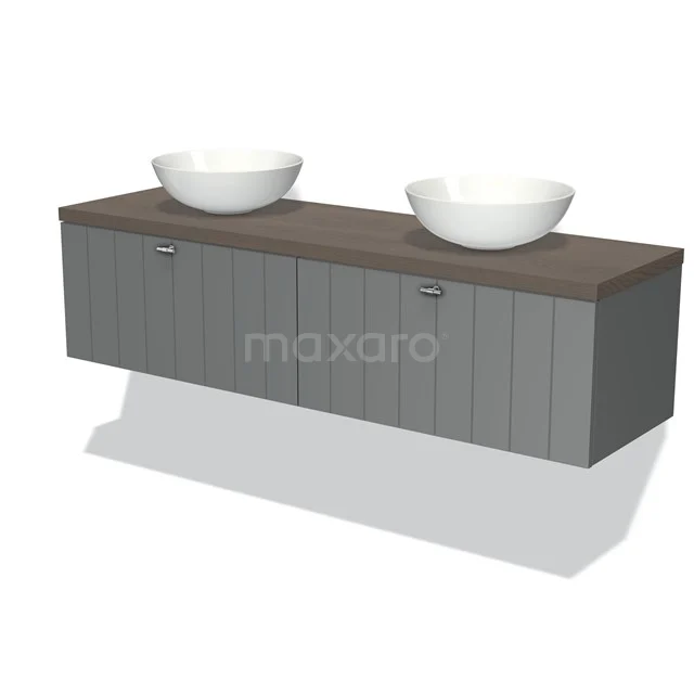 Grau schwebendes Badezimmermöbel mit Holzoptik Platte, Doppelwaschbecken und schnörkellosem Design.